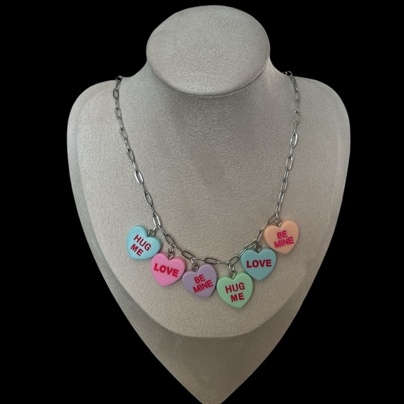 Unb Jewelry - Conversation Hearts Charm Paperclip Necklace Valentine Coquette Jewelry Gift